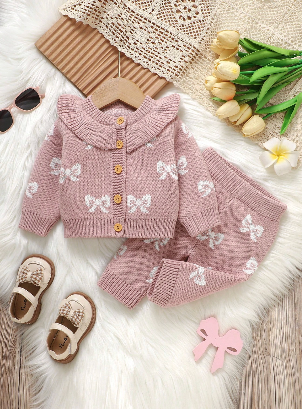 Conjunto Tejido Moñitos Rosa 🎀