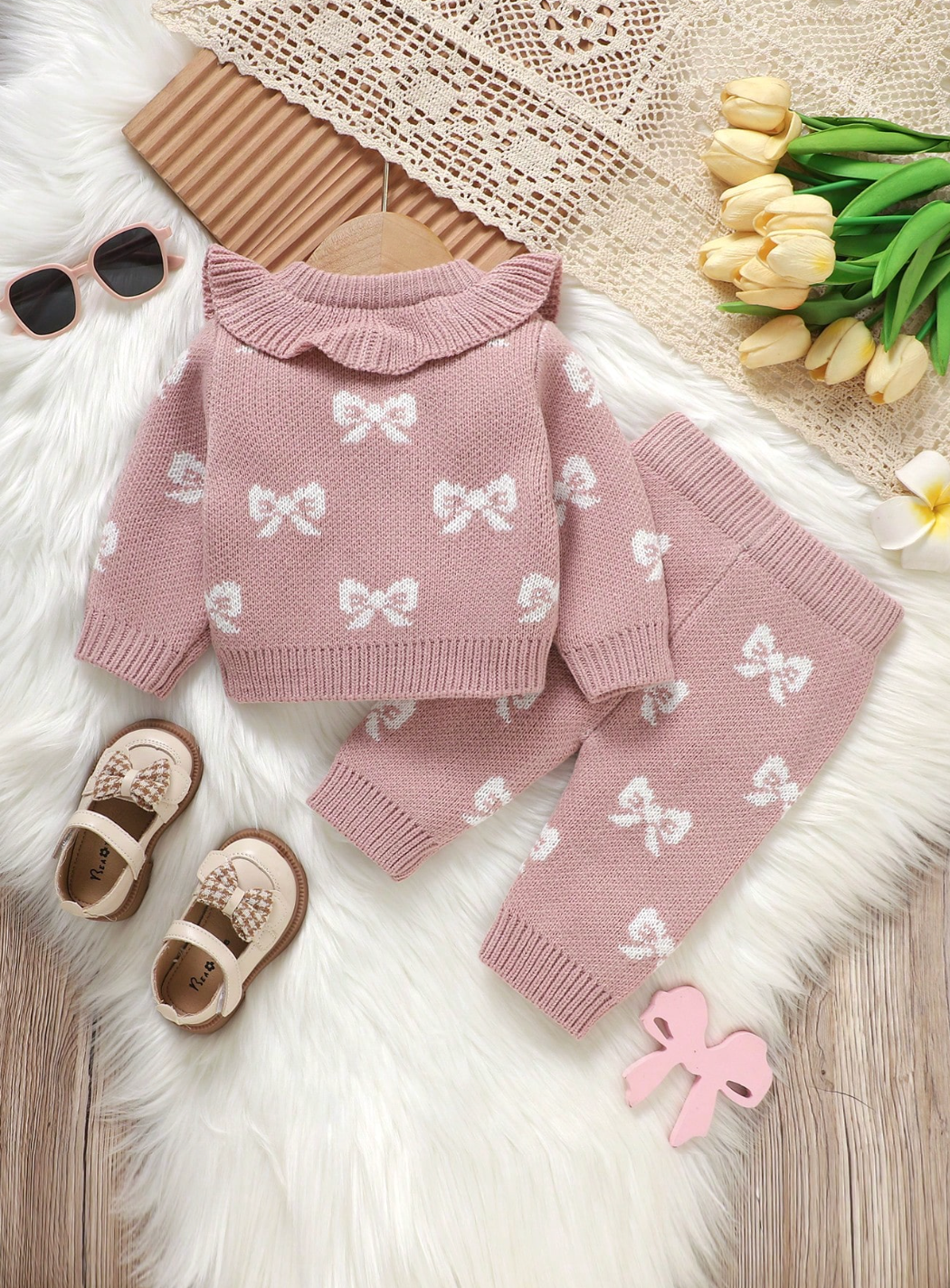 Conjunto Tejido Moñitos Rosa 🎀